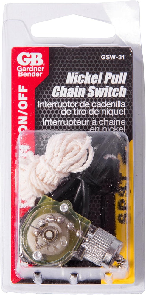 Gardner Bender GSW-31 Electrical Pull Chain Switch, SPST, ON-OFF, 6 A/125V AC, Nickel, 6 inch Wire Terminal