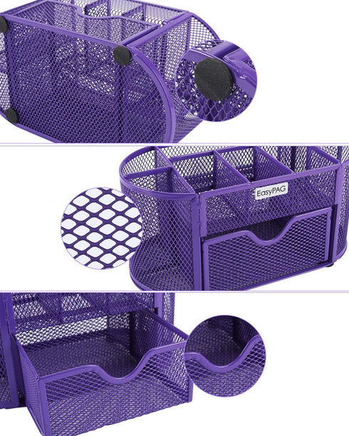 EasyPAG Desk Organizer, Mesh Caddy with Drawer for Office Supplies, Purple