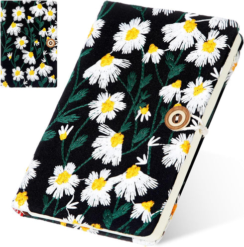 Fabric Notebook A6 - Flower Embroidered Journal, Daisy Printed Linen Hardcover Pocket Ruled Notebook for Women