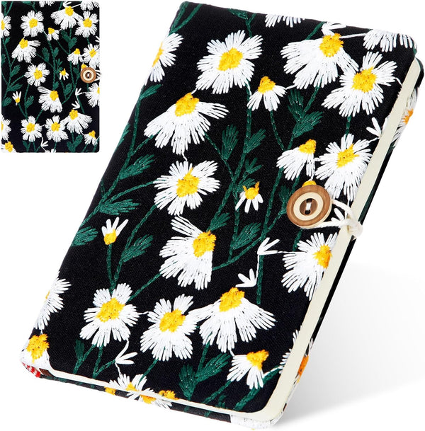 Fabric Notebook A6 - Flower Embroidered Journal, Daisy Printed Linen Hardcover Pocket Ruled Notebook for Women