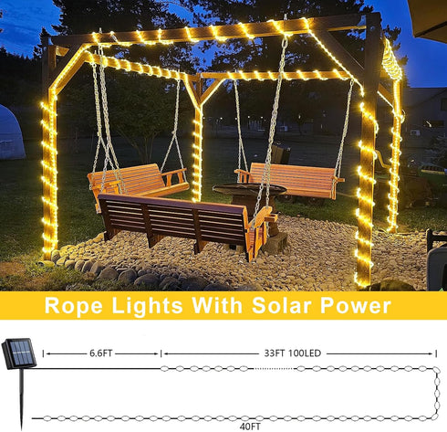 2 Pack 33ft 100 8 QITONG Warm White Solar Rope Lights, Each LED String Light Outdoor, Modes Fairy Lights in Clear Thin