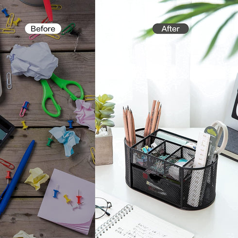 deli Black Mesh Desk Organizer with Drawer, Metal Stationary Caddy, 8 Compartments for Office Desktop Storage