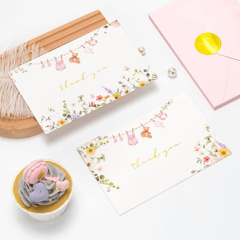 50 Pack Crisky Baby Shower Thank You Cards with Envelopes & Stickers, Pink Gold Baby Thank You Greeting Cards Bulk