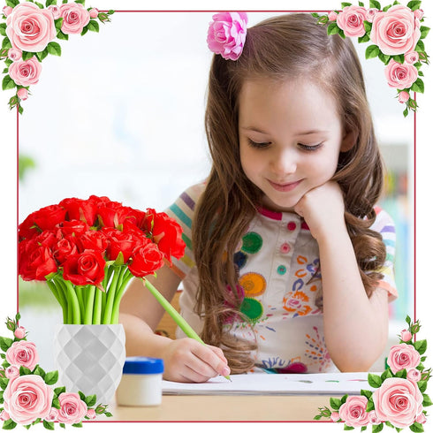 Gueevin 24 Pcs Flower Pens Gifts with Artificial Rose Pens, Black Ink Bulk for Wedding Birthday Party Favors
