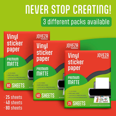 JOYEZA Premium Printable Vinyl Sticker Paper, 25 Sheets Matte White, Waterproof, Inkjet & Laser Printer