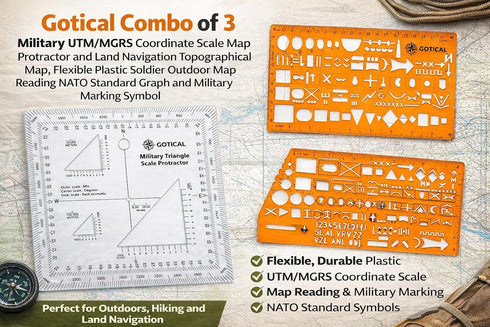 Gotical Combo of Military UTM/MGRS Coordinate Scale Map Protractor and Land Navigation Topographical Map, Flexible