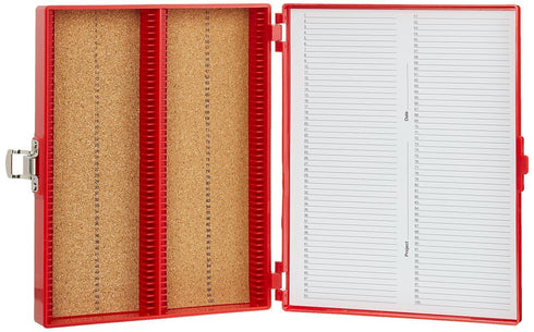 Heathrow Scientific HS15994C 100-Place Cork Lined Slide Box with Nickel Clasp, 208 x 175 x 34 mm, ABS, Cork, Red