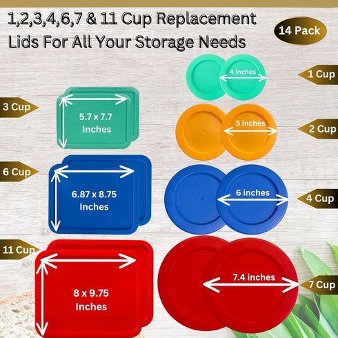 14 Pack Replacement Lids for Pyrex, Anchor Hocking & KlareWare Storage Bowls, 1, 2, 4 & 7 Cup Round, 3, 6, 11 Cup