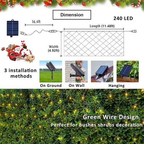 11.5FT 5FT 240 8 x Solar Christmas Net Lights Outdoor with Remote, LED USB Warm White Mesh Lights for Bushes