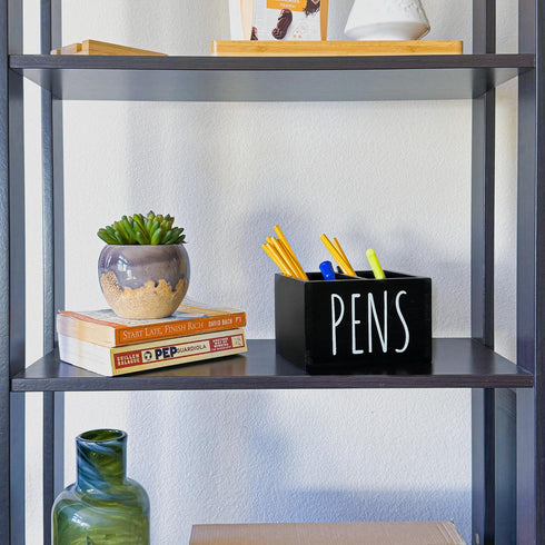 Wooden Pen Pencil Holder, Cute Office Organizer for Desk, 2 Compartment Storage Caddy, Black