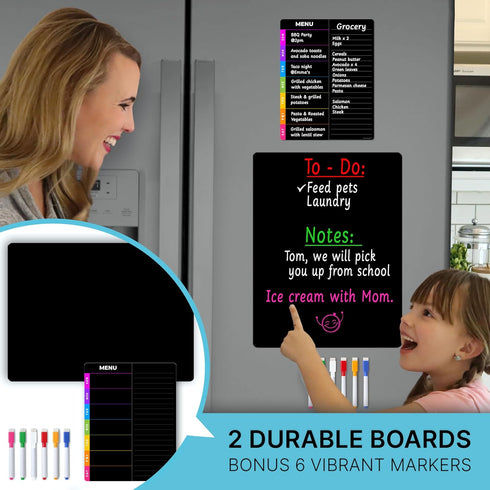 Magnetic Dry Erase Blackboard Set: Black Board for Home, Office & Classroom (11.5x15"), Menu Board for Kitchen Fridge/Family Meal Planner (7x9”), Stain-Resistant, 6 Fine Tip Magnetic Markers. by MODERNEAT