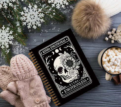 Tarot Skull Moon Sun Notebook, Kinda Emotional Kinda Emotionless Motivational Skeleton Journals, Flower Hardcover