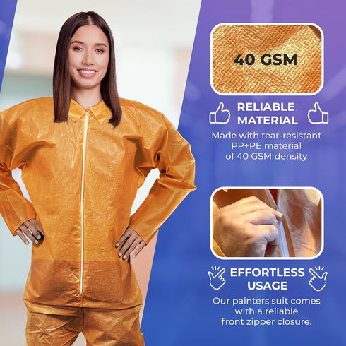 5 Pack, 40 AMZ Medical Supply Disposable Coveralls Medium, Orange, Lightweight GSM PP+PE, Front Zipper, Open Wrists