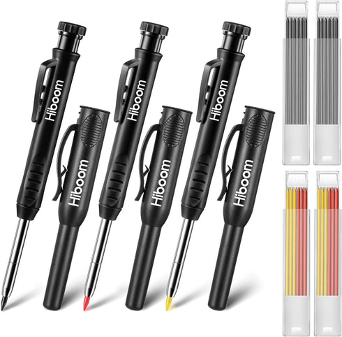 Hiboom 3 Pack Carpenter Pencils Set, 24 Refills, Mechanical Pencil with Built-in Sharpener for Woodworking