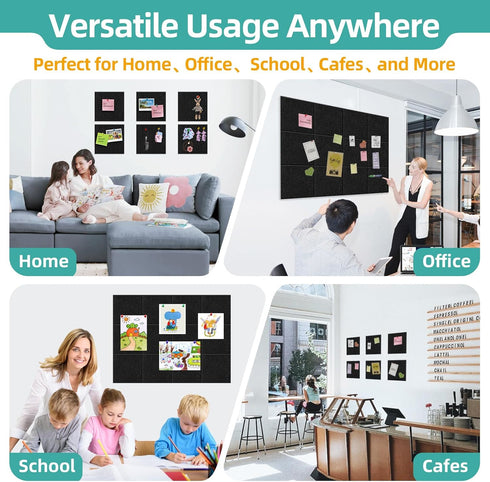 Large Cork Board for Walls, 12 Pack Black Felt Wall Tiles, 47"x35" with Push Pins & Sticky Tabs