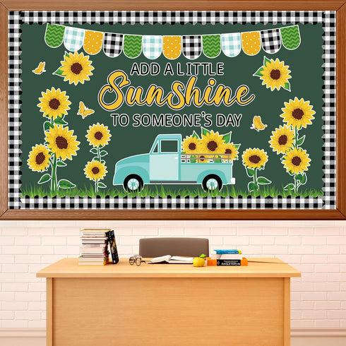 ZOIIWA Sunflower Bulletin Board Decorations, Summer Truck Back to School Set with Black Plaid Borders Wall Decor