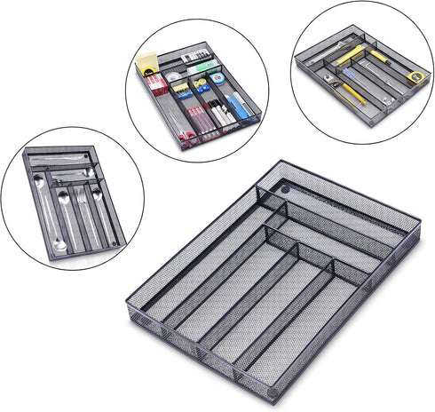 WuGeShop Desk Drawer Organizer | 6 Compartments Mesh Tray for Stationery & Office Supplies, Black