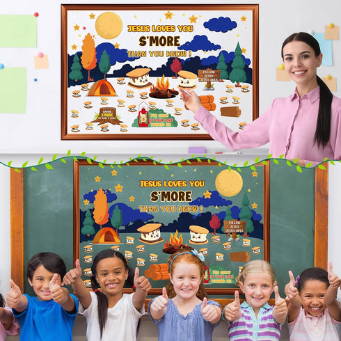 Jesus Loves You S'more Bulletin Board Set for Sunday School Decorations, Classroom Religious Bible Verse Cutouts