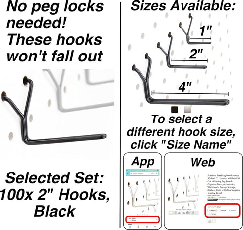 Steel Pegboard Hooks 100-Pack, 2" L Hook, Black - Fits Any Peg Board for Organizing Tools and Accessories