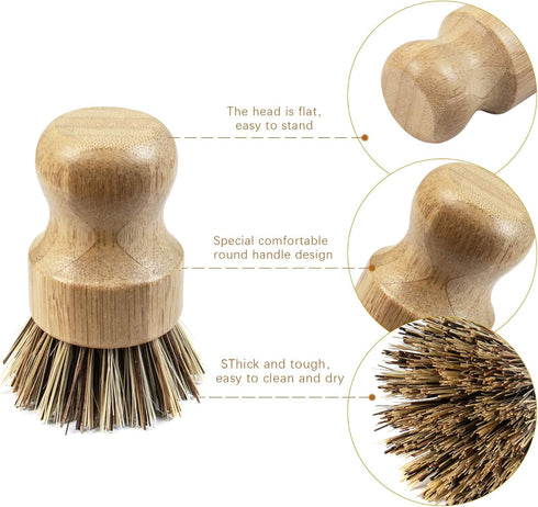 (2-Pack, AUEAR, Natural Bamboo Dish Scrub Brush Cleaning Pot Scrubber Brushes Coconut Bristles for Cast Iron Skillet