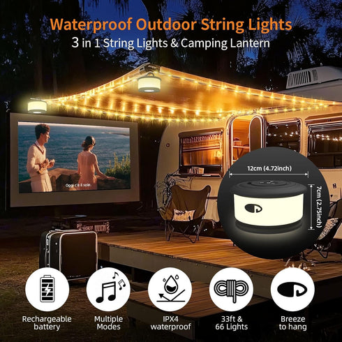 3 1 19 30s 32.8 TOHETO Camping String Lights, in Upgraded Retractable RGB Outdoor String Lights with Lighting Modes