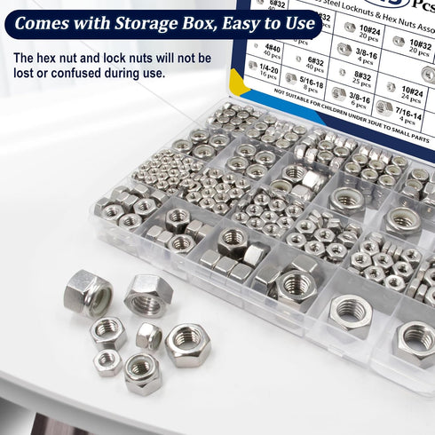 ZQZ 345 Pack 4#40 6#32 8#32 10#24 10#32 12#24 1/4-20 5/16-18 3/8-16 7/16-14 1/2-13, 304 Set SAE Hex Nut & Lock Nuts