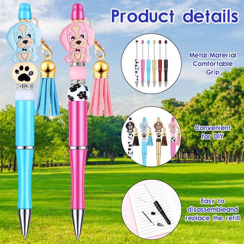 Teling 12 Pcs Plastic Beadable Black Ink Ballpoint Pens with Assorted Spacer Beads, Tassels, and Lobster Clasps for DIY