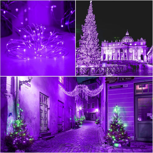 YAOZHOU 2Pack 200Led 8 Solar Christmas Halloween String Lights Purple Outdoor Waterproof Total Modes Copper String