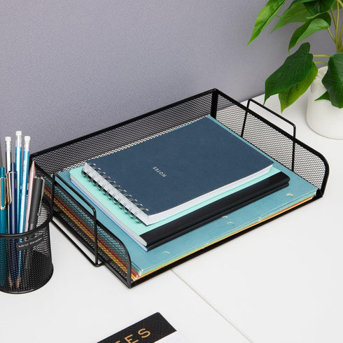 Mind Reader Stackable Paper Tray, Metal Mesh Desktop Organizer, File Storage for Office, 4 Pcs, Black