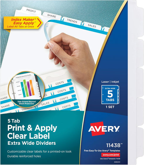 Avery 5-Tab Extra Wide Binder Dividers, Easy Print & Apply Clear Label Strip, 1 Set