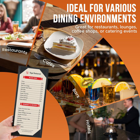 4.25" 11", 12 Pack (1 MYFULLY Restaurant Menu Holders x Black PU Leather Single Panel Menu Covers with Angled Corners