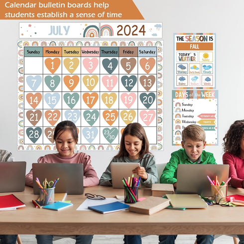 Boho Rainbow Classroom Calendar Set for Teachers, Bulletin Board Decorations with Seasons, Weather, Days of the Week