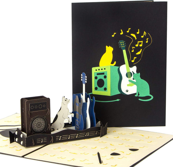 Ribbli Guitar and Cat 3D Handmade Pop Up Card for Birthday, Father's Day, Cat Birthday Cards for Guitar Lovers