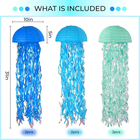 Novobuys 10" Pack 6 Jellyfish Lanterns Hanging Jellyfish Paper Lanterns, Blue Jelly Fish Decoration for Under the Sea