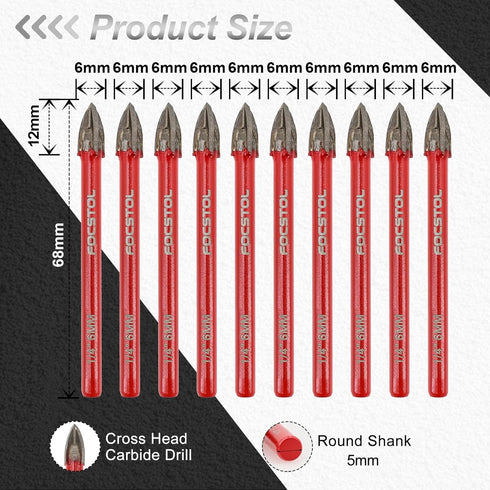 FOCSTOL 10pcs Masonry Concrete Drill Bit Set - 6mm Carbide Drill Bits for Wood Plastic Foam