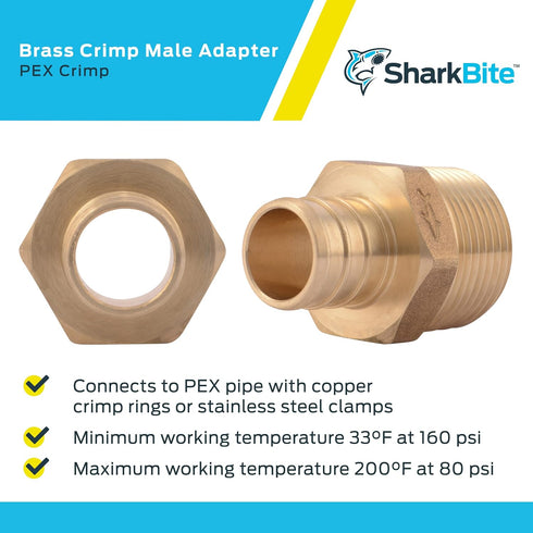 SharkBite 3/4 Inch Crimp MNPT Male Adapter, Pack of 10, Brass Plumbing Fitting for PEX Pipe