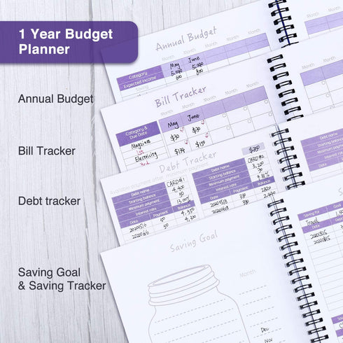 Monthly Budget Planner Book (Undated) with 12 Pockets for Income, Debt, Saving, Expense, and Bill Tracker, Purple