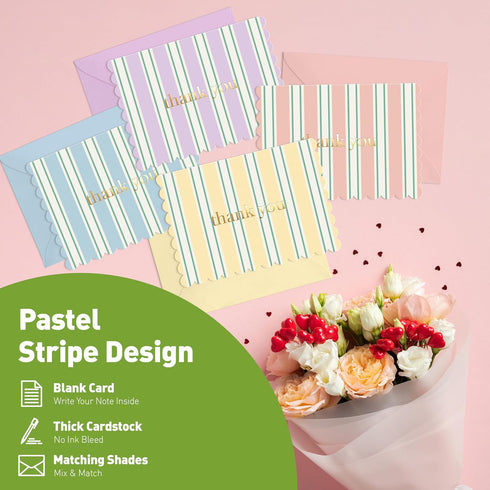 Set 36 3.5x5 Sweetzer & Orange Stripe Mini Thank You Cards of Small Gold Foil Thank You Notes with Scalloped Edges