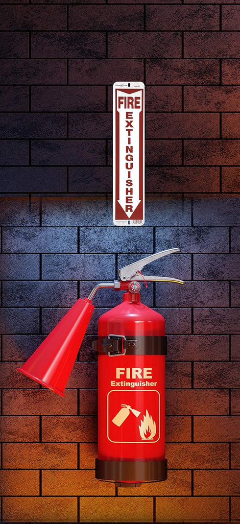 Hillman 844112 Fire Extinguisher Sign, White and Red Aluminum with Arrow Symbol, 4" x 18"
