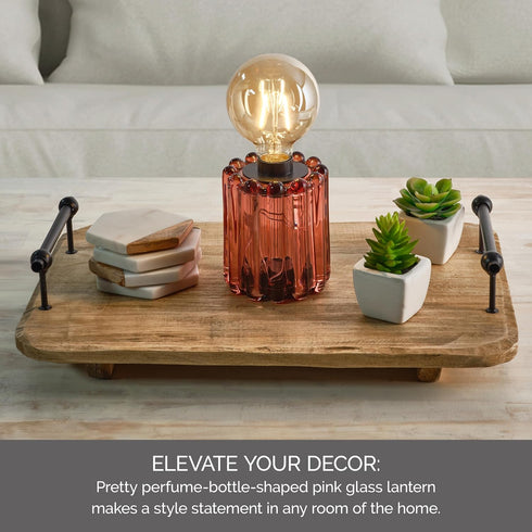Bulb 9 Inch Elements Pink Glass LED Lantern Decorative Lighted Table lamp with Textured Pink Glass, Battery Operated;