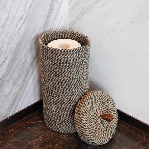 3 Handmade Cotton & Jute Toilet Paper Holder Woven Toilet Paper Stand & Storage Basket with Lid, Freestanding Organizer