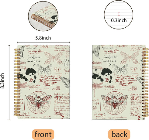 Moth Dead Head Notebook, Skull Notebook, Goth Gothic Journal, Vintage Moth Butterfly Spiral Notebook 5.5x8.3 Writing