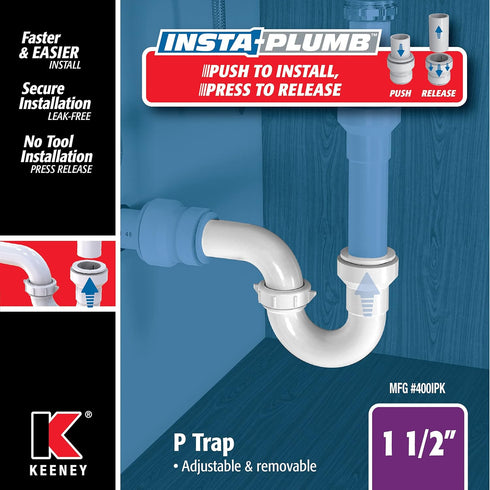 Keeney 400IPK Insta-Plumb Fit P Trap 1-1/2 in., Push to Install and Press to Release, White