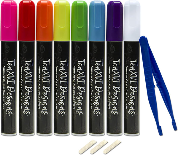 TenXVI Designs Chalk Markers - 8 Vibrant Colors, 6mm Reversible Tips, Erasable,