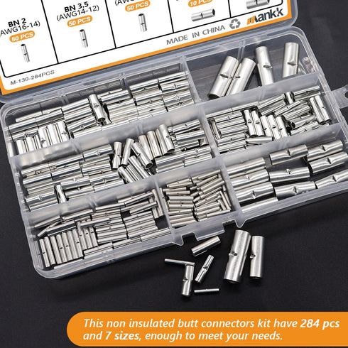 284PCS Non Insulated Butt Connectors Assortment Kit - Tinned Red Copper 26-6 Gauge Crimp Connectors