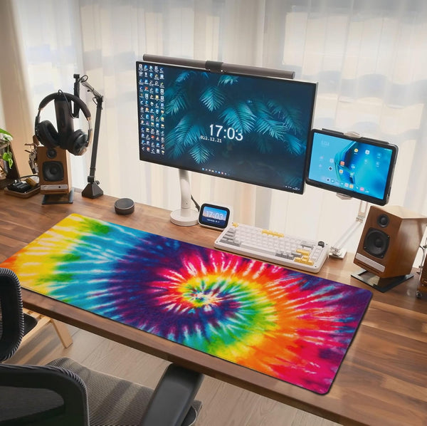 Extended Large Cool Tie Dye Art Mouse Pad, 31.5 x 11.8 Inch, Oversized Desk Mat with Stitched Edges for Home Office