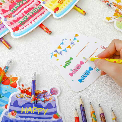 Panelee 72 Pcs Happy Birthday Pencils and Greeting Cards Set, Colorful Printed Birthday Pencils with Erasers