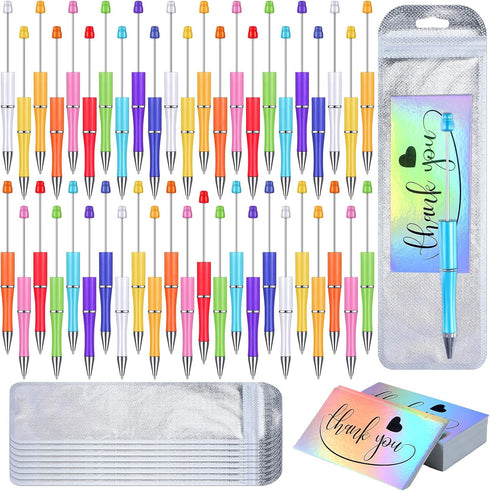 Yeaqee 150 Pieces Beadable Pens Kit, 50 Colors Plastic Beaded Ballpoint Pens with Thank You Cards and Packaging Bags