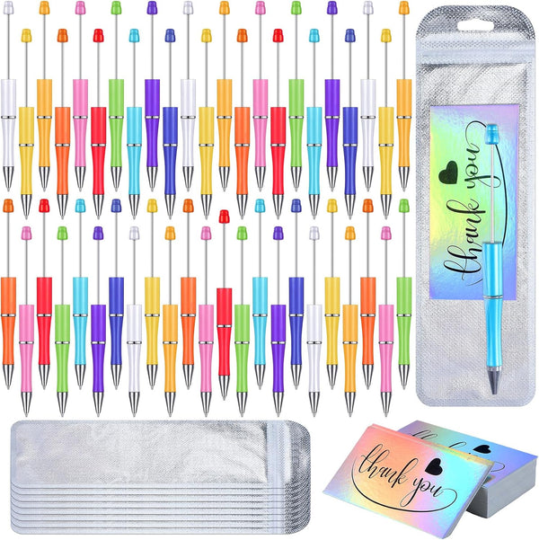 Yeaqee 150 Pieces Beadable Pens Kit, 50 Colors Plastic Beaded Ballpoint Pens with Thank You Cards and Packaging Bags