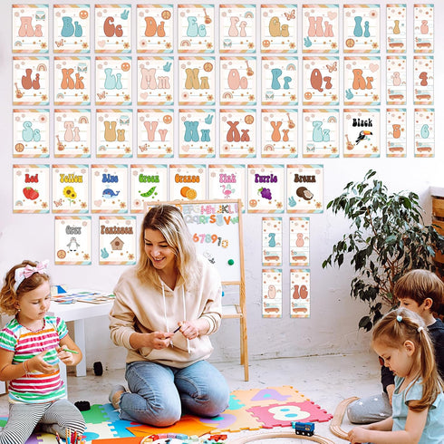 ZOIIWA 56 Pcs Retro Groovy Alphabet and Number Bulletin Board Set, Educational Cards for Kids Classroom Decor